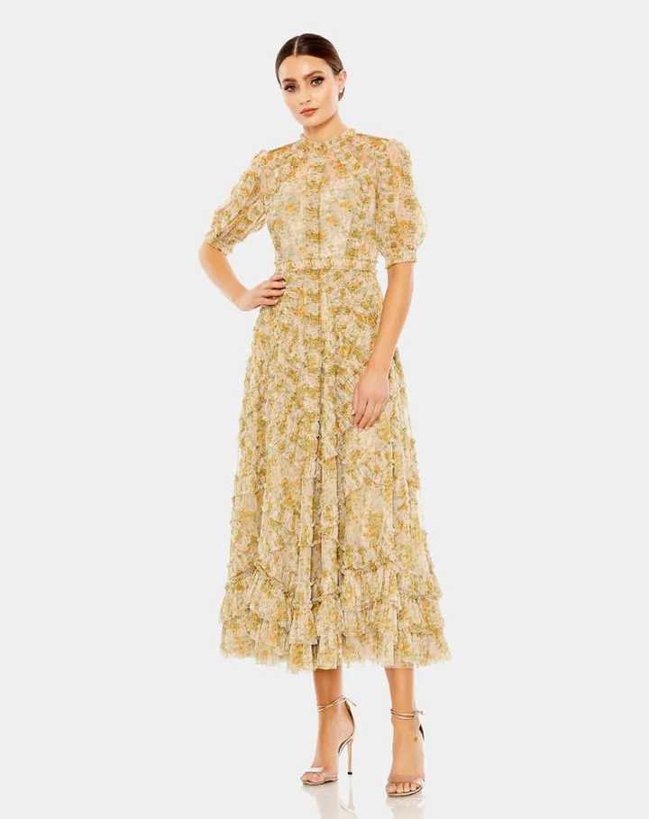 Mesh Puff Sleeve Floral Print Dress
