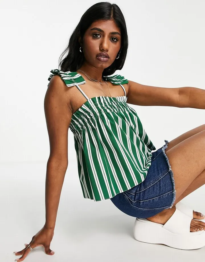 Topshop striped ruffle strap cami in green
