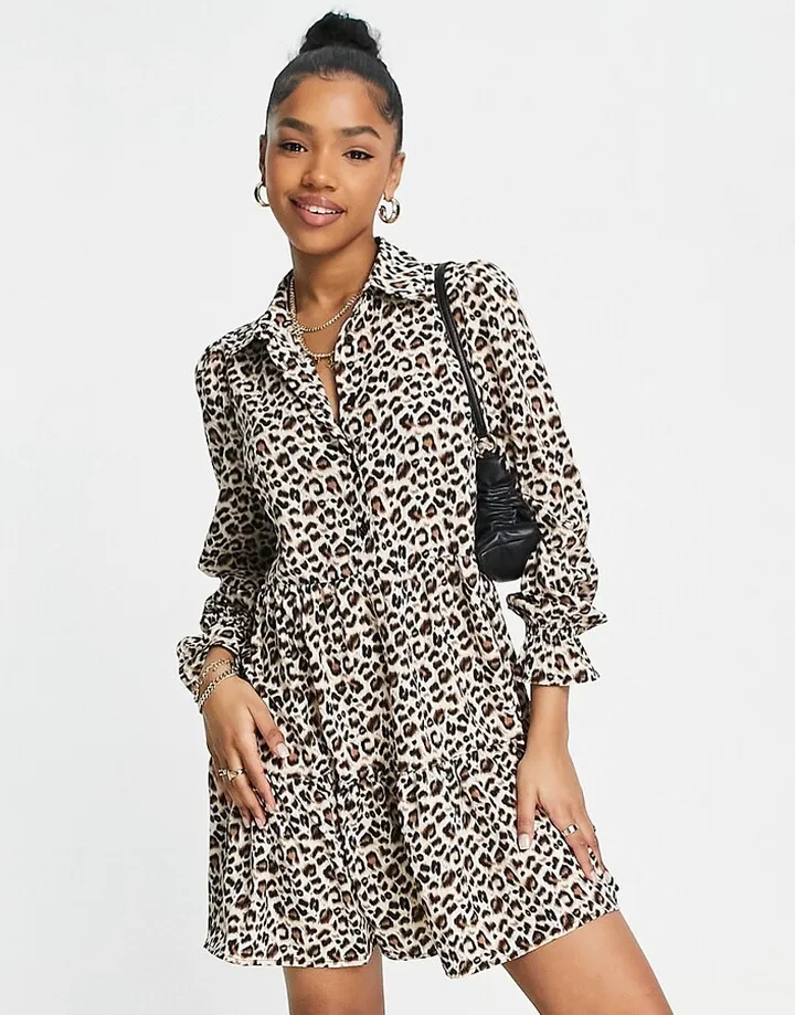 New Look mini shirt smock dress in brown animal print