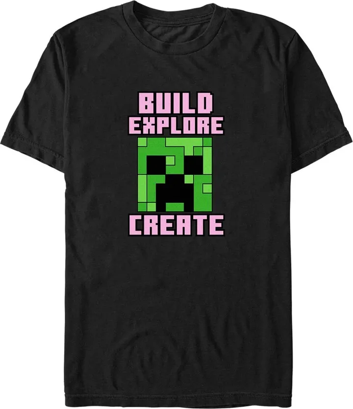 Men's Minecraft Creeper Face Build Explore Create T-Shirt - Black - Large