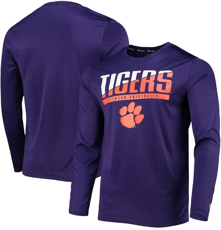 Men's Champion Purple Clemson Tigers Wordmark Slash Long Sleeve T-shirt