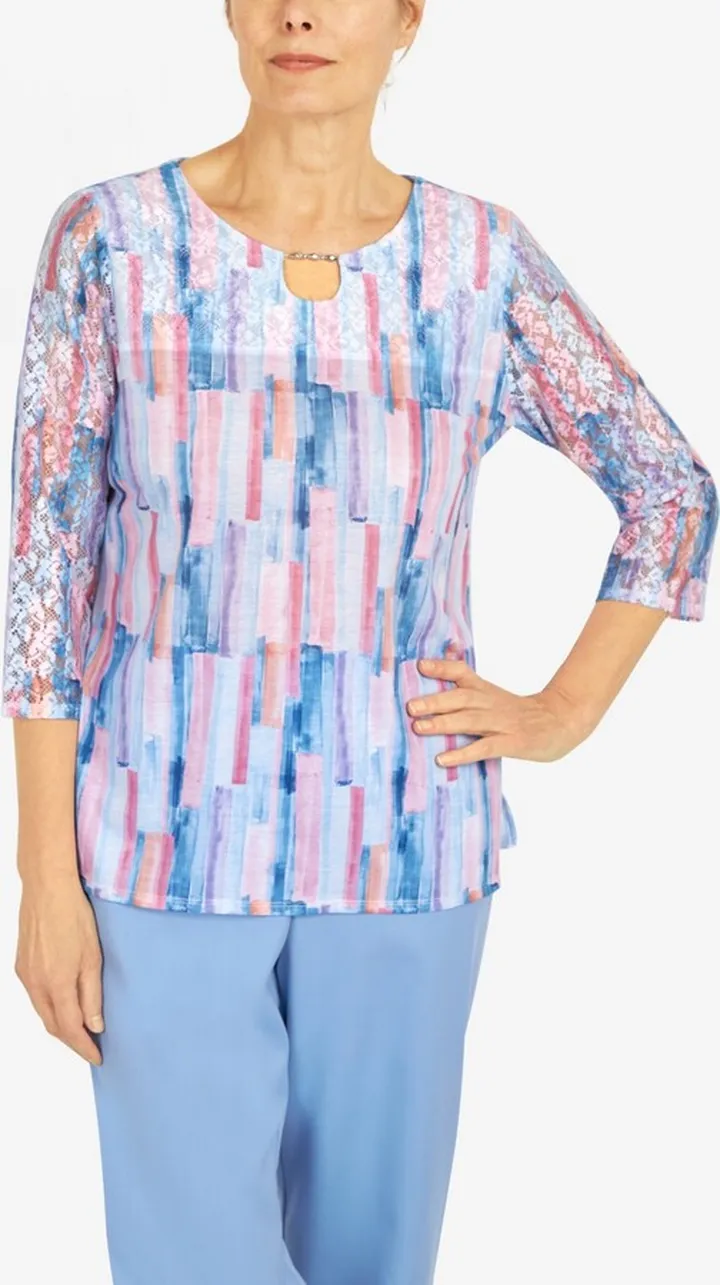 Alfred Dunner Petite Brushstroke Lace Sleeve Top