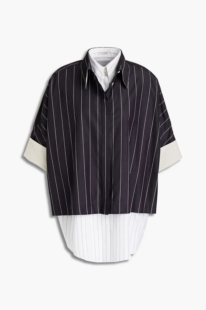 Layered pinstriped linen and cotton-poplin shirt
