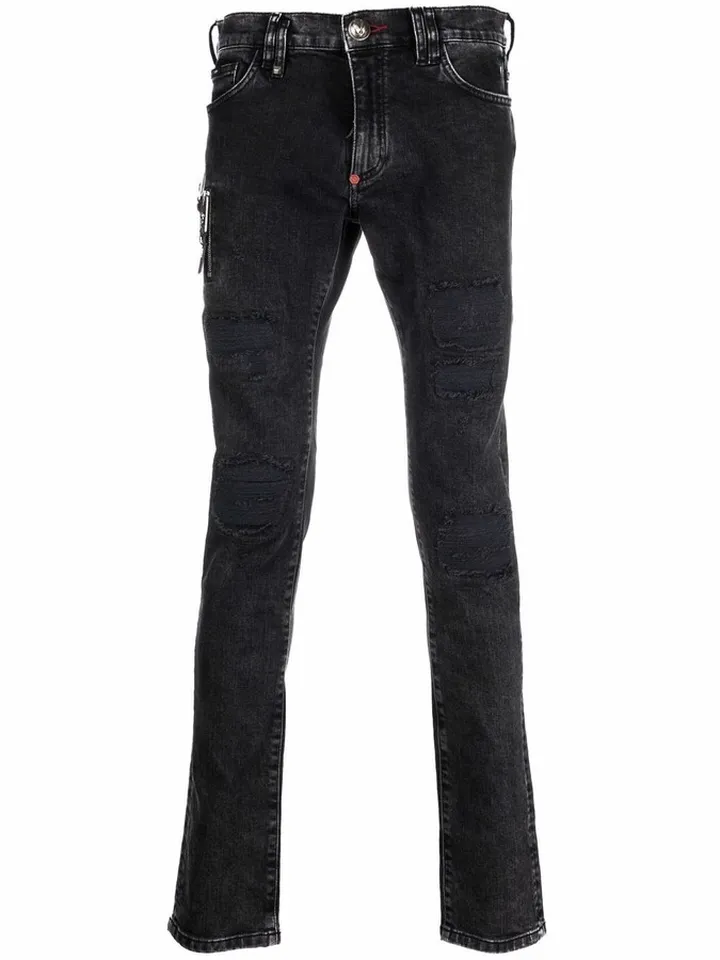 Distressed Logo-Plaque Skinny Jeans