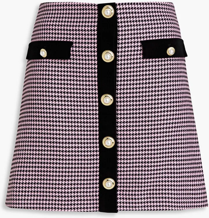Basinger velvet-trimmed houndstooth tweed mini skirt