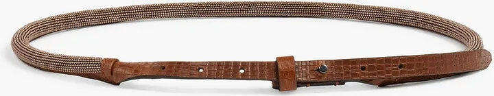 Bead-embellished croc-effect leather belt