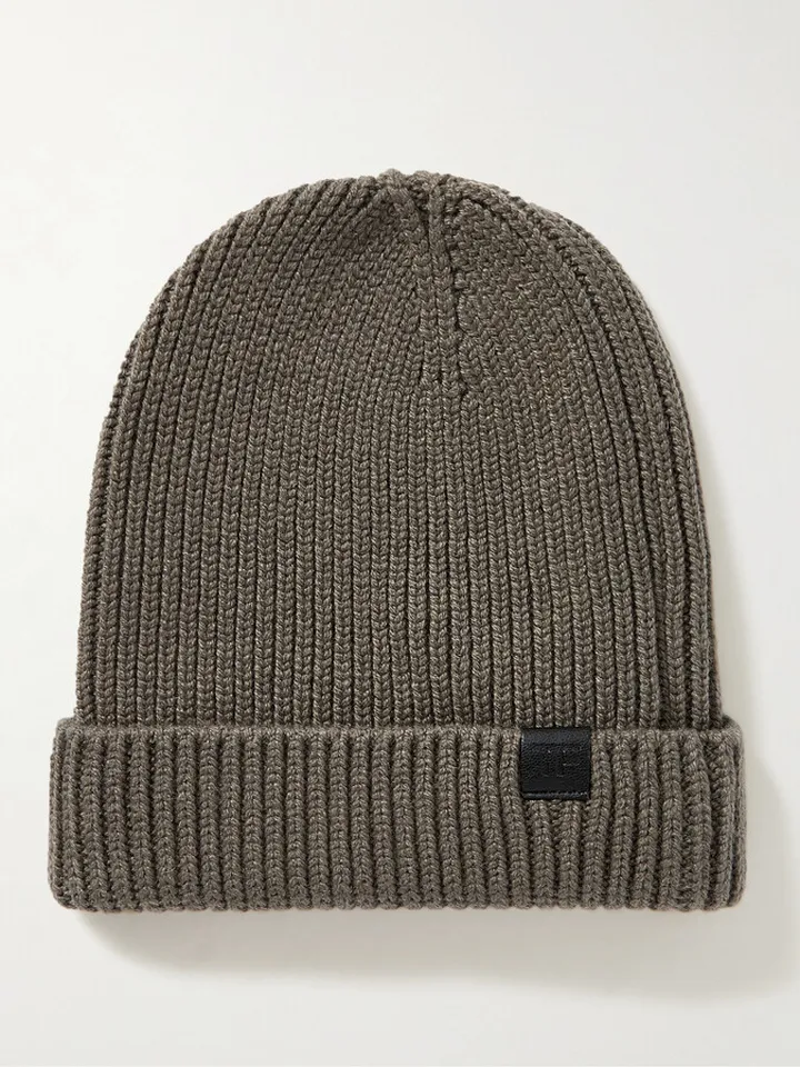 Leather-Trimmed Ribbed Cashmere Beanie