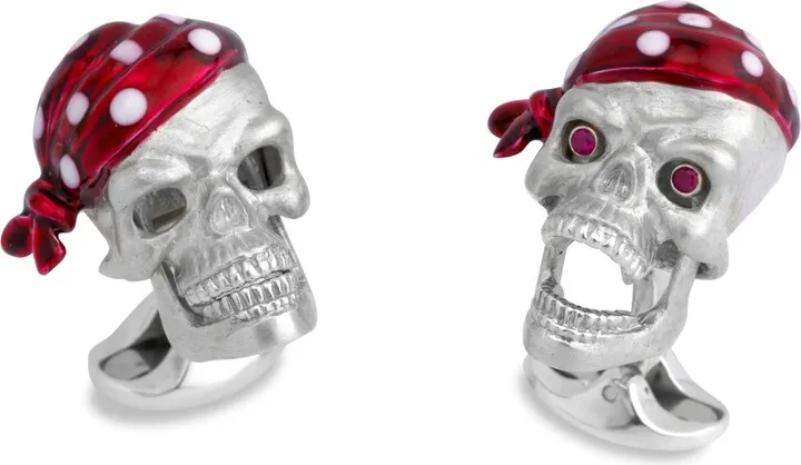 Deakin & Francis - Deakin & Francis Sterling Silver Skull Cufflinks With Red Bandana And Ruby Eyes