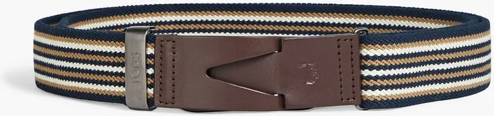 Leather-trimmed striped canvas belt