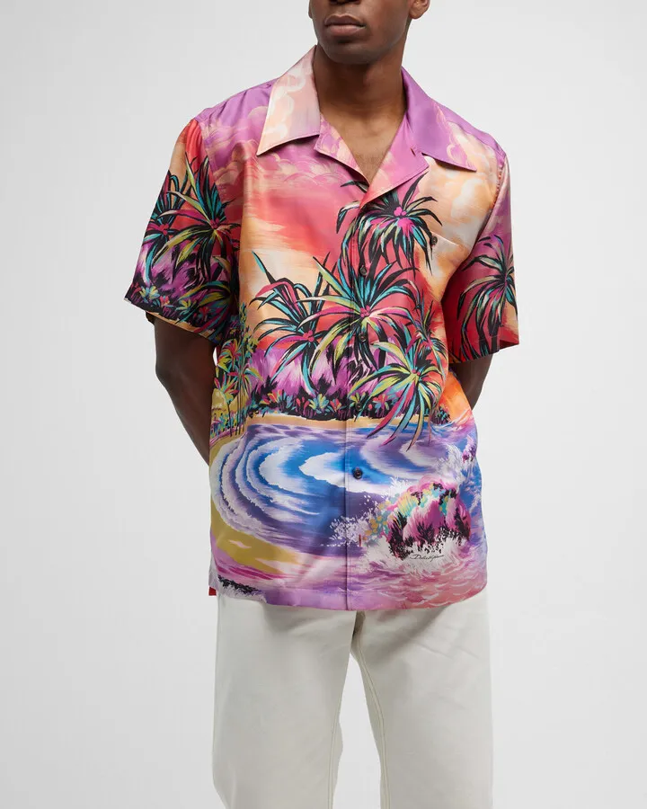 Men's Hawaiian-Print Silk Camp Shirt