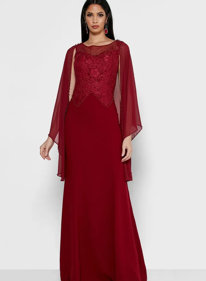 Embellished Cape Sleeve Maxi Dress