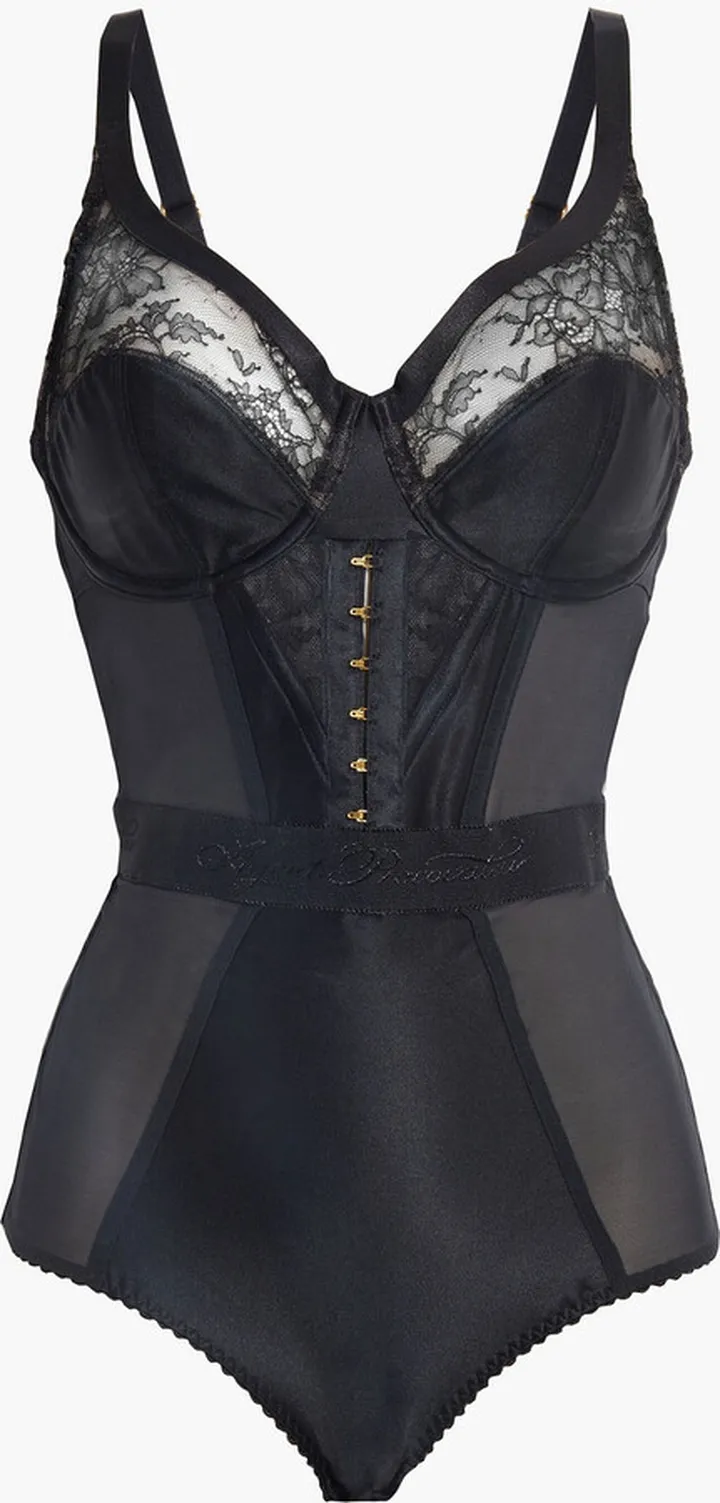Satin-paneled lace-trimmed tulle underwired bodysuit
