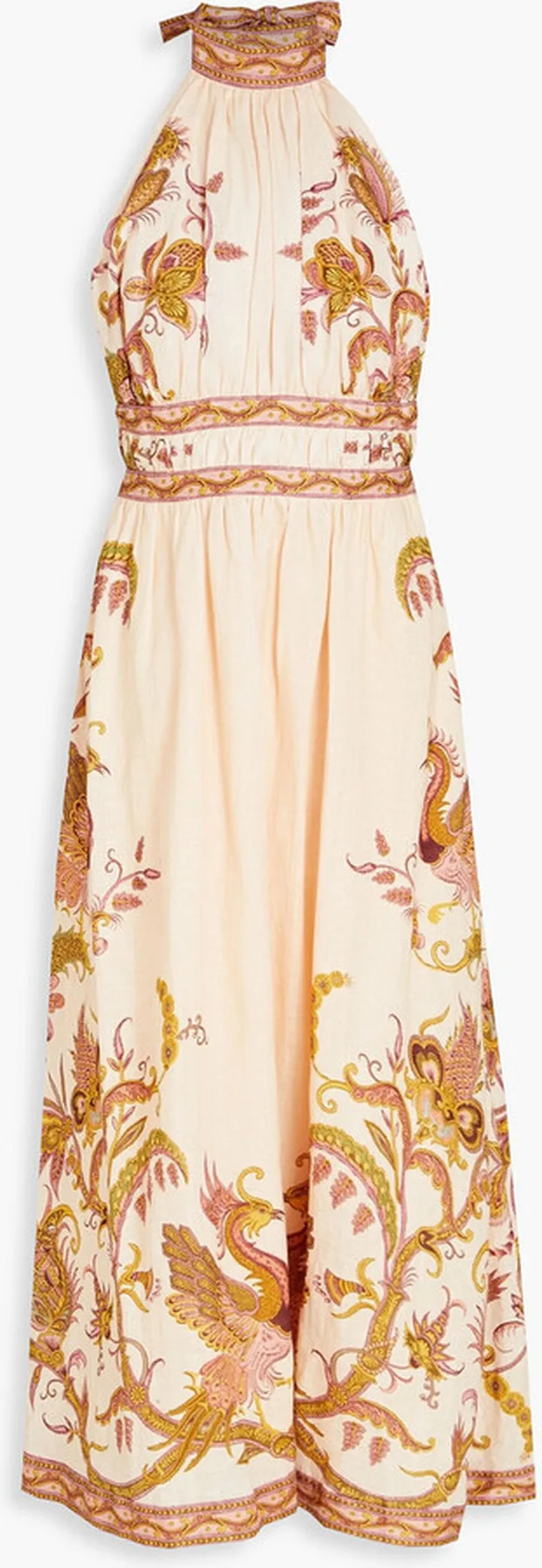 Open-back gathered printed linen-gauze halterneck midi dress
