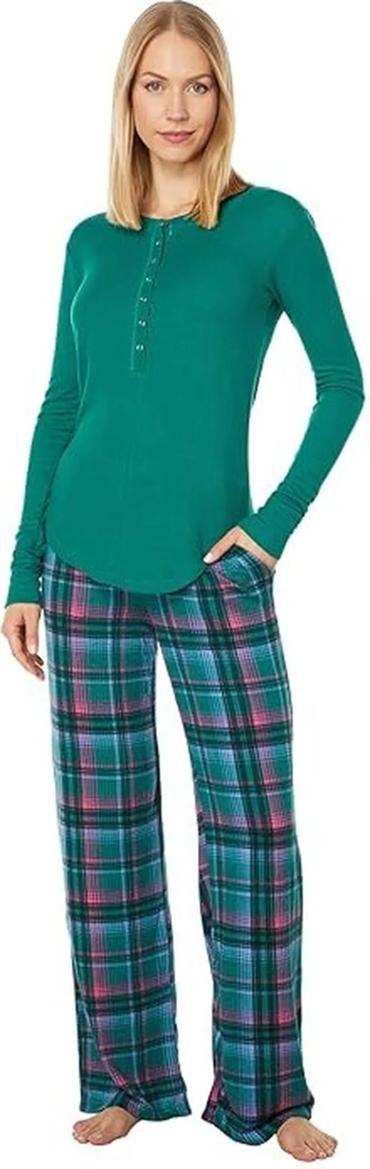 Honeydew Intimates First Snow Hacci Rib and Waffle Set (Emerald Plaid) Women's Pajama Sets