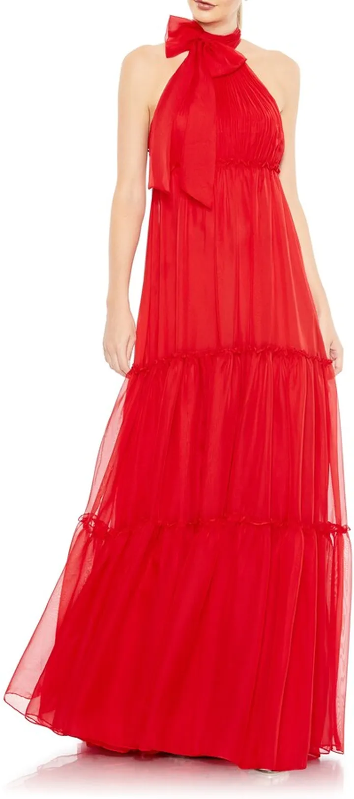 Bow Neck Tiered Ruffle Gown