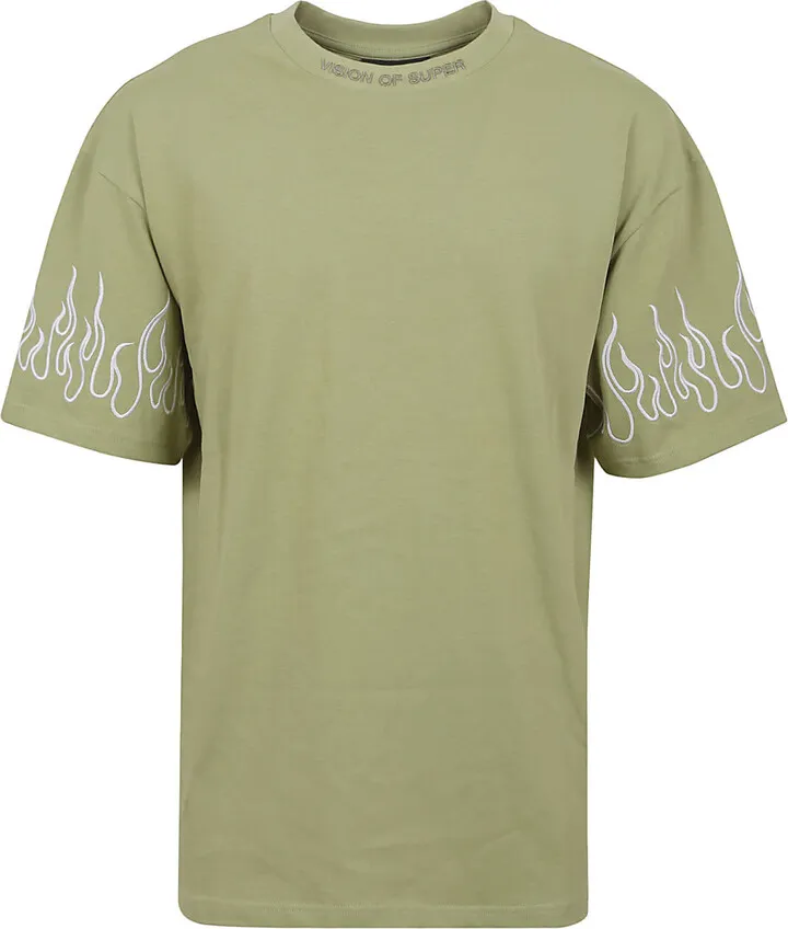 Green Army Green T-shirt With Embroidery Flame