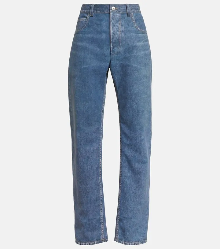 Denim-printed wide-leg leather pants