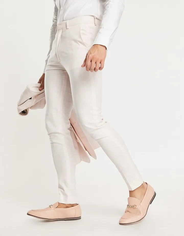 ASOS DESIGN super skinny wedding suit pants in linen mix pale pink pow plaid