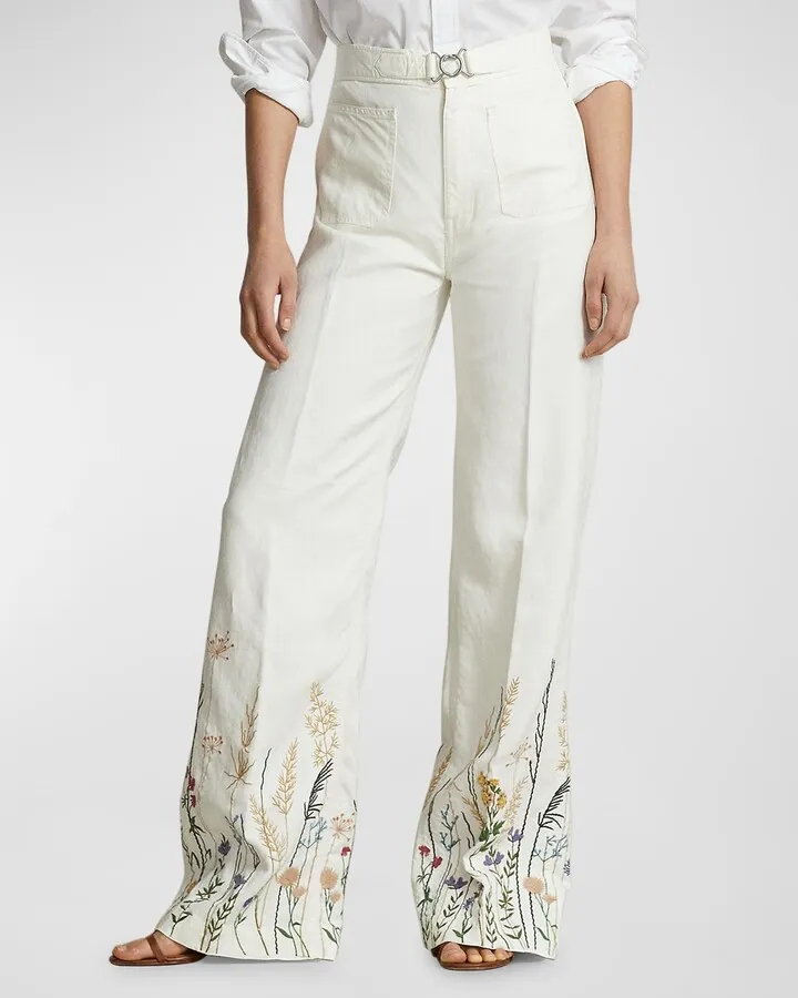 Embroidered Hemp Wide-Leg Pants
