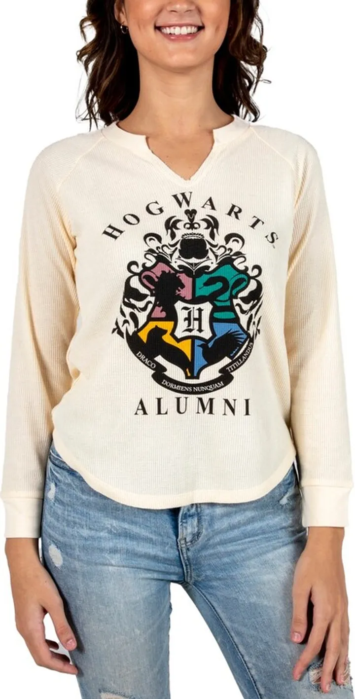 Harry Potter Alumni Juniors Natural Long Sleeve Thermal Henley Shirt-XL