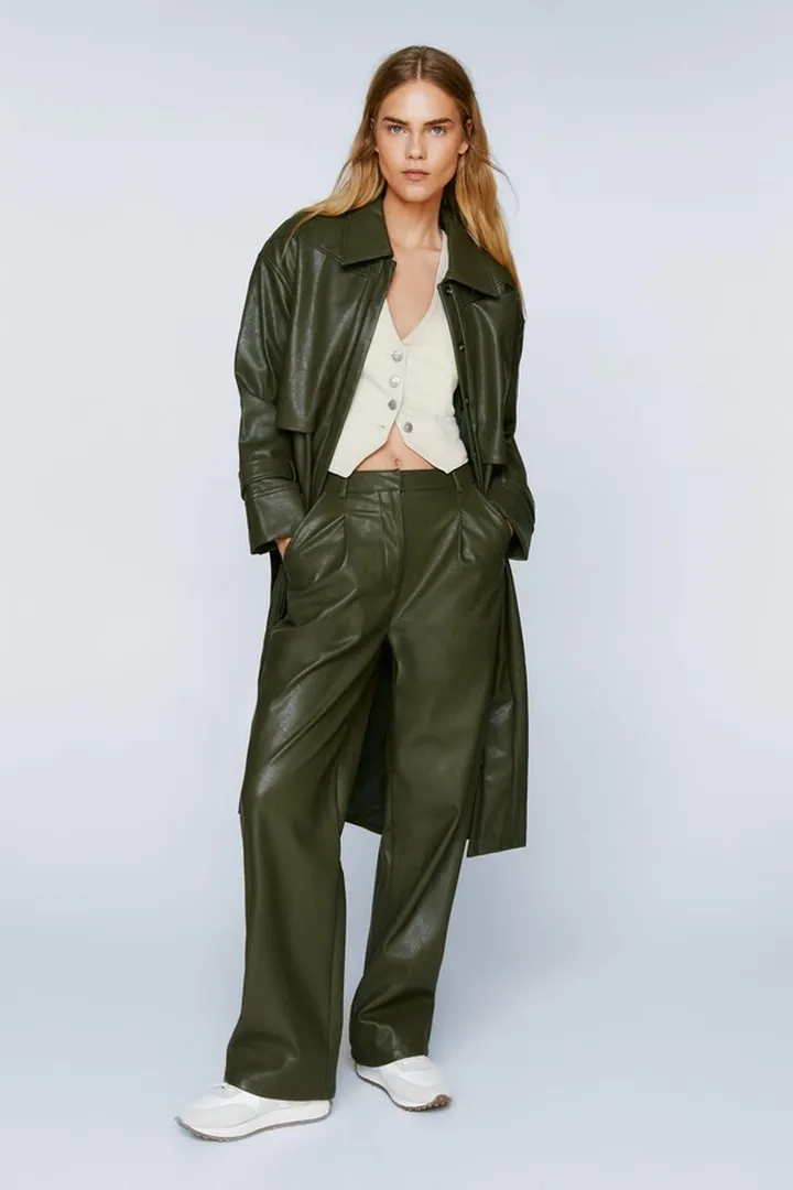 Nasty Gal Womens Premium Faux Leather Pleated Straight Leg Pants