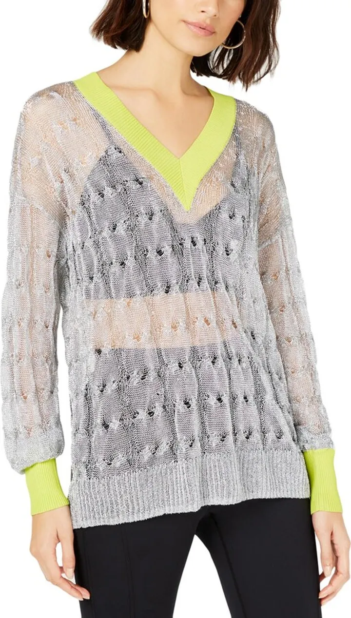Womens Metallic V-Neck Pullover Sweater