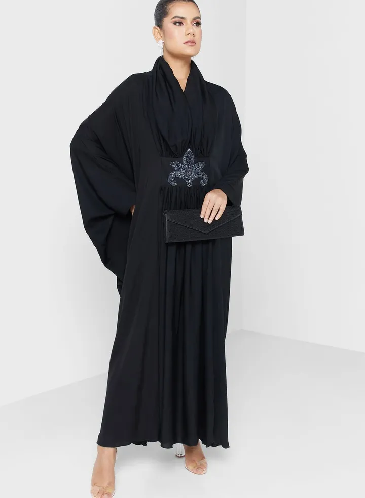 Embellished Cape Sleeve Plisse Abaya