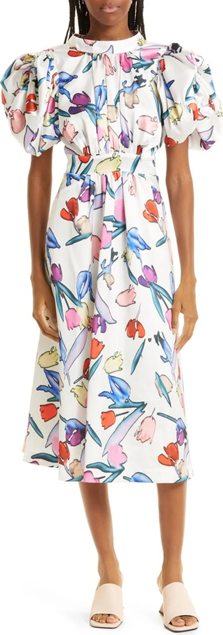 Noon Floral Print Cutout Puff Sleeve Midi Dress