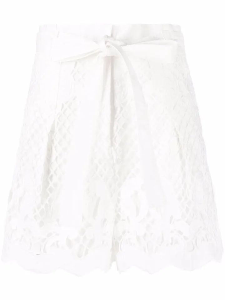 Scalloped-Lace Tie Waist Cotton Shorts