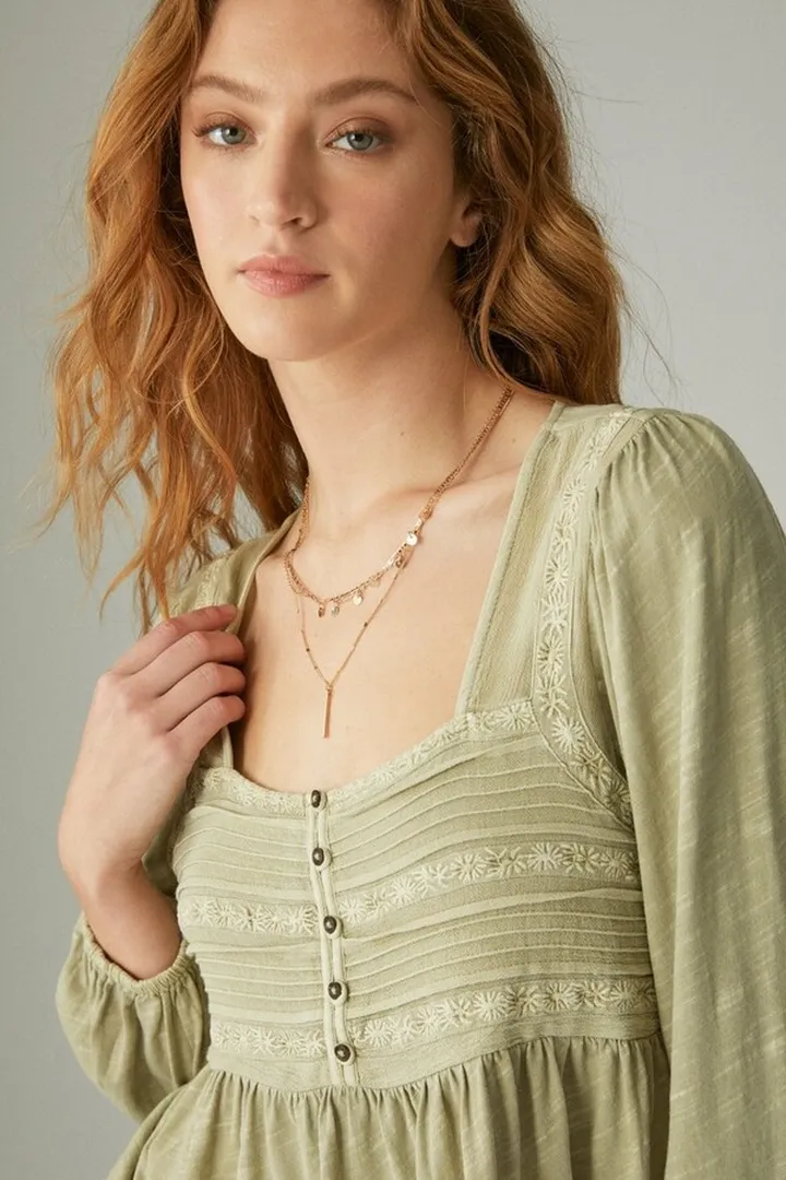 Embroidered Yoke Long Sleeve Peasant Top
