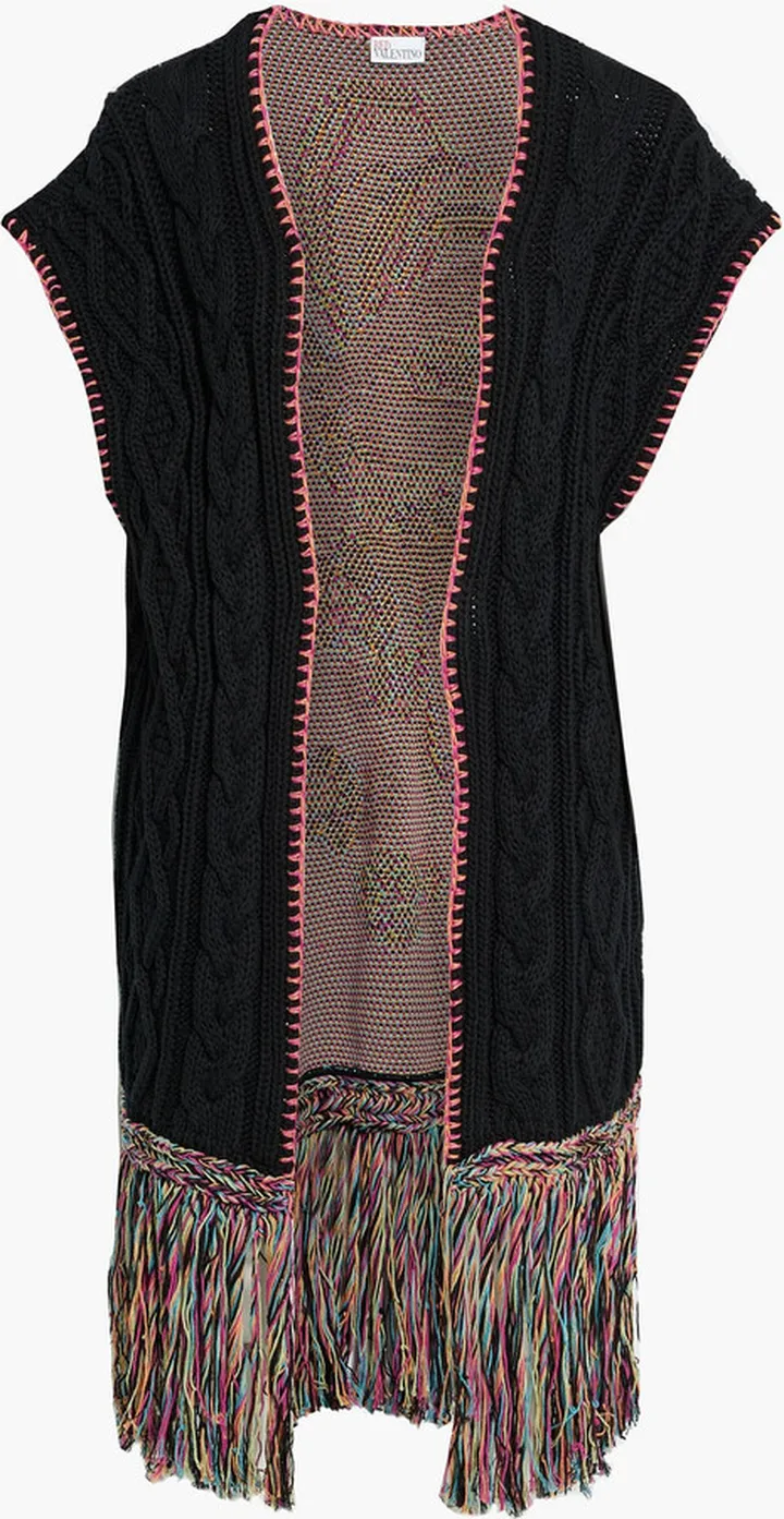 Fringed intarsia knit-paneled cable-knit cotton cardigan