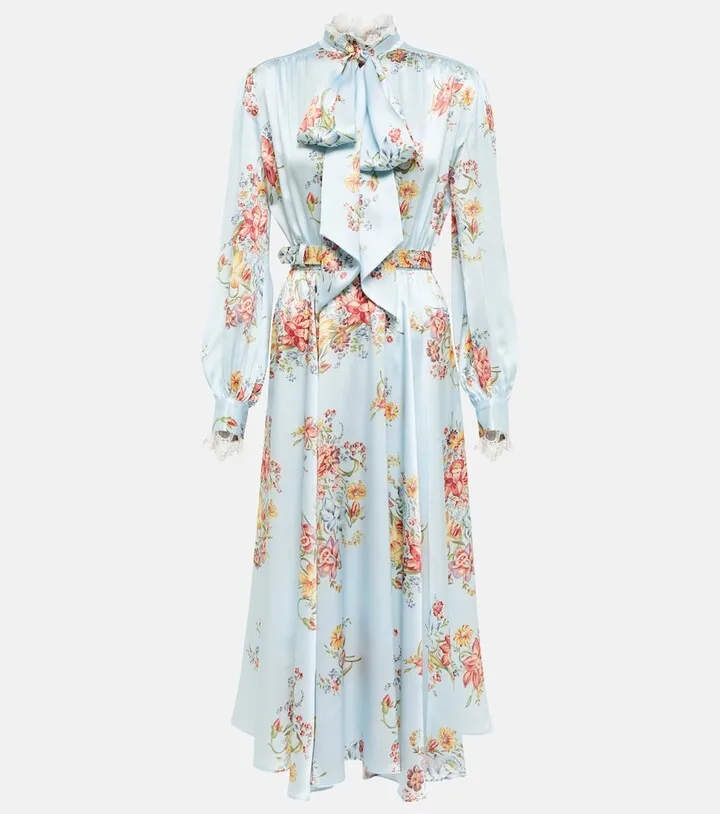 Floral tie-neck silk midi dress