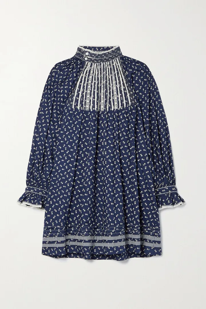 DÔEN - Beatrice Crochet Lace-trimmed Floral-print Organic Cotton-poplin Mini Dress - Blue