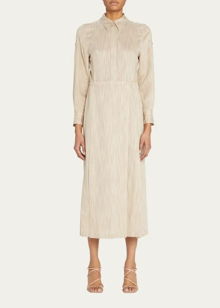 Striped Woven Long-Sleeve Midi Dress