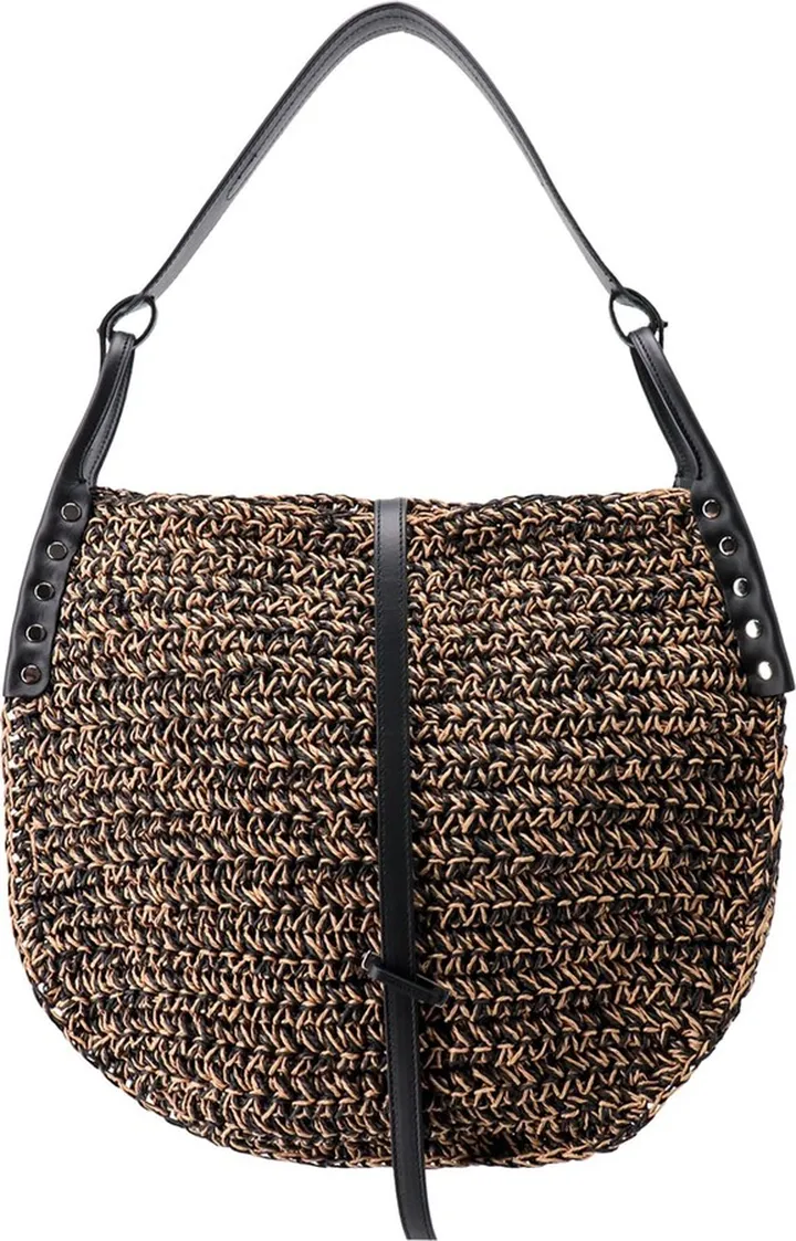 Rafia and leather shoulder bag with metal details