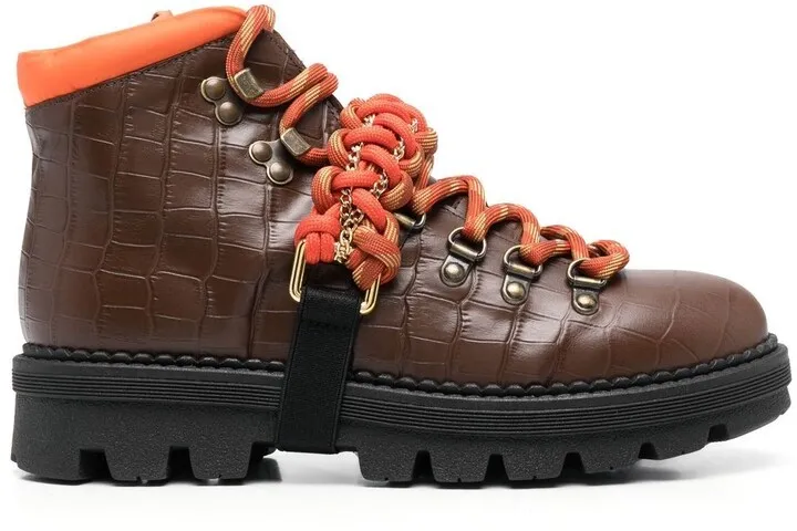 Woven-Lace Crocodile-Embossed Boots