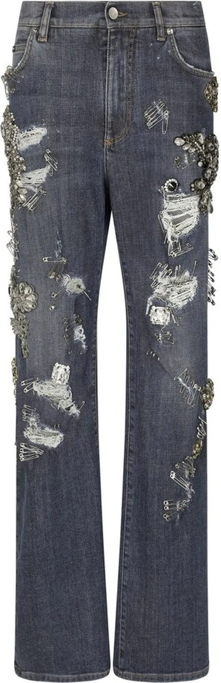 Distressed Safety-Print Straight Jeans