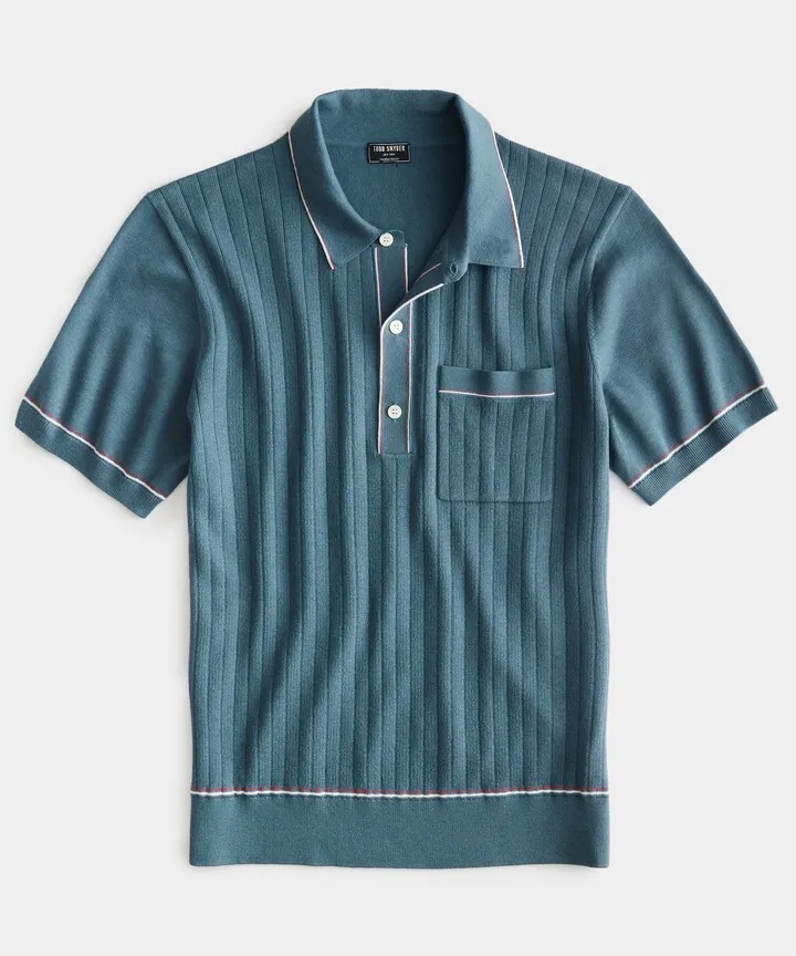 Italian Cotton Silk Tipped Riviera Sweater Polo in Blue Spruce