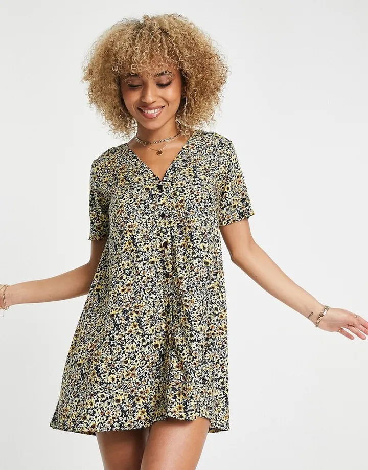 Motel button up mini dress in grunge yellow floral