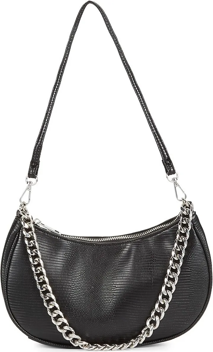 Chain Trim Leather Baguette Shoulder Bag