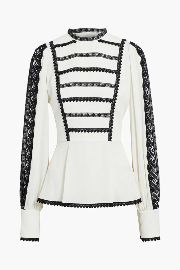 Crochet-trimmed silk-crepe peplum blouse