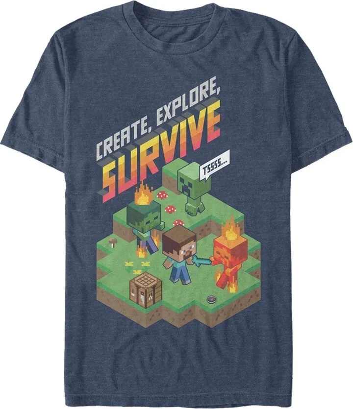 Men's Minecraft Steve Create Explore Survive T-Shirt - Navy Blue Heather - 3X Large