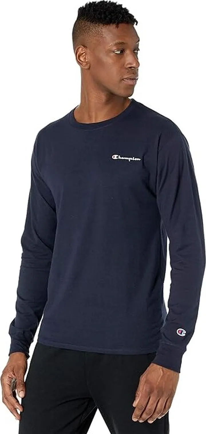 Champion Classic Graphic Small Logo Long Sleeve Tee (Navy) Men's Clothing