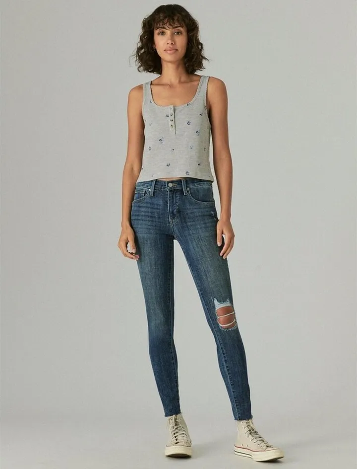Lucky Brand Women's Mid Rise Ava Skinny Destruct Jean - Medium Dark Blue 27 x 27
