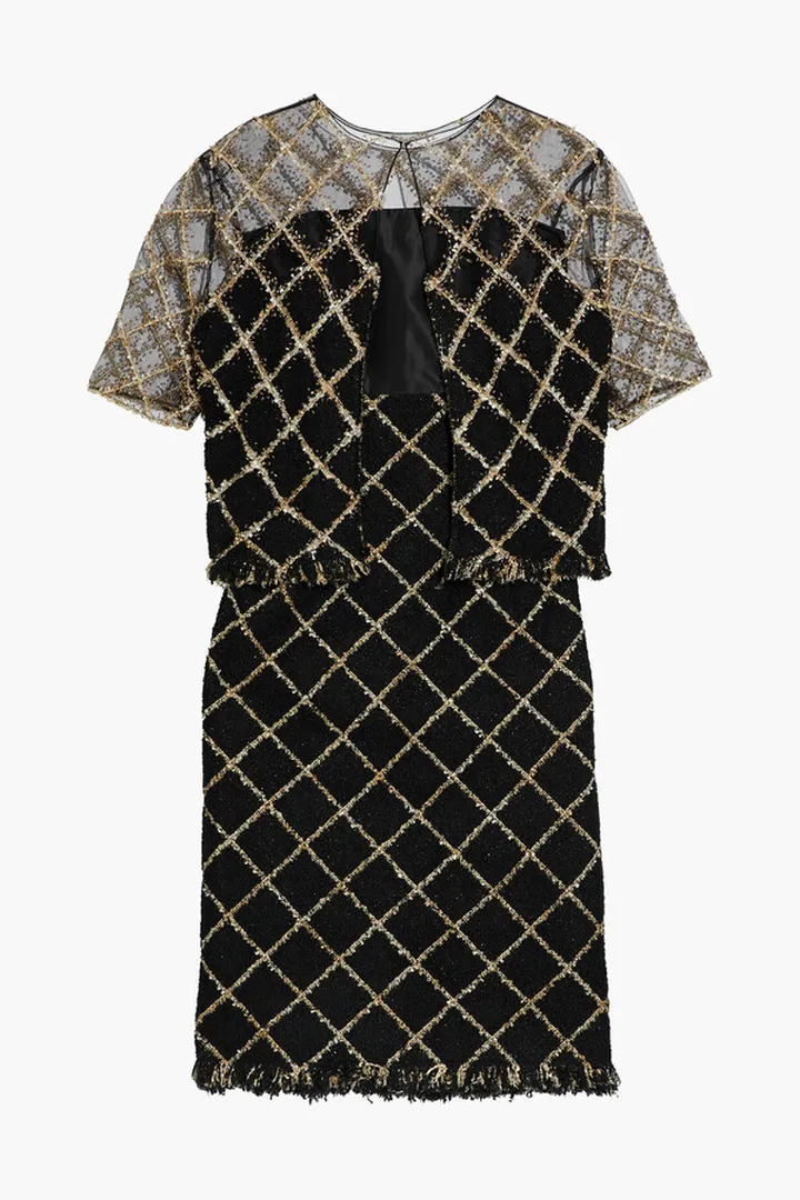 Embellished taffeta-paneled metallic checked tweed dress and jacket set