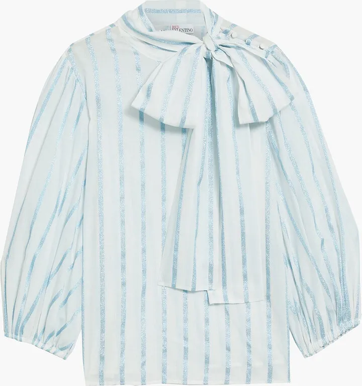 Pussy-bow metallic striped cotton-blend voile blouse