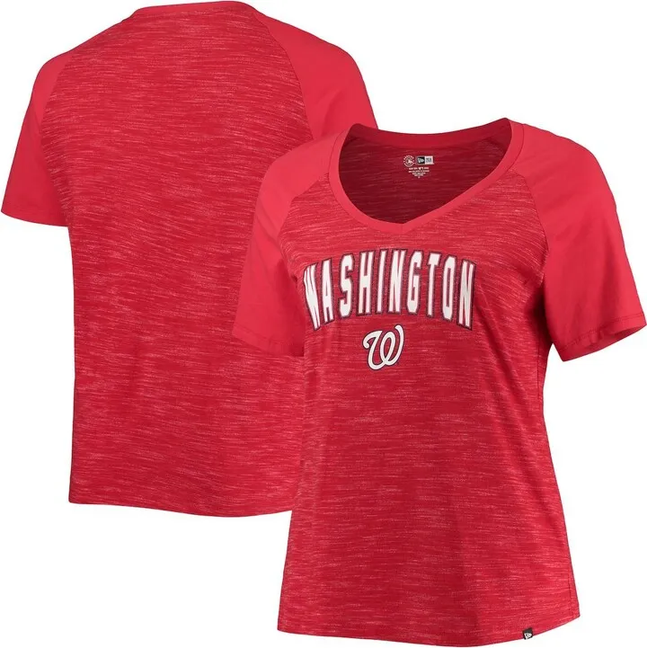 Women's New Era Red Washington Nationals Plus Size Raglan V-Neck T-shirt