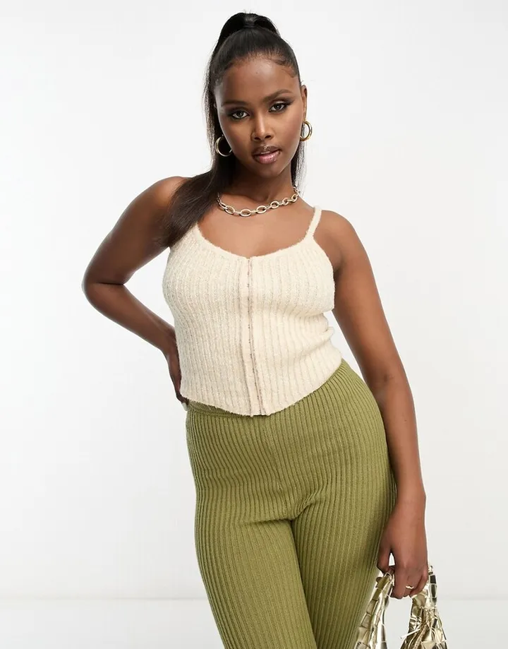 ASOS DESIGN knitted cami with corset detail in boucle yarn in stone