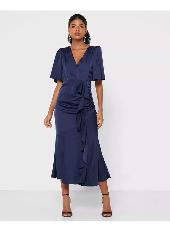 Little Mistress Blue Satin Midaxi Dress