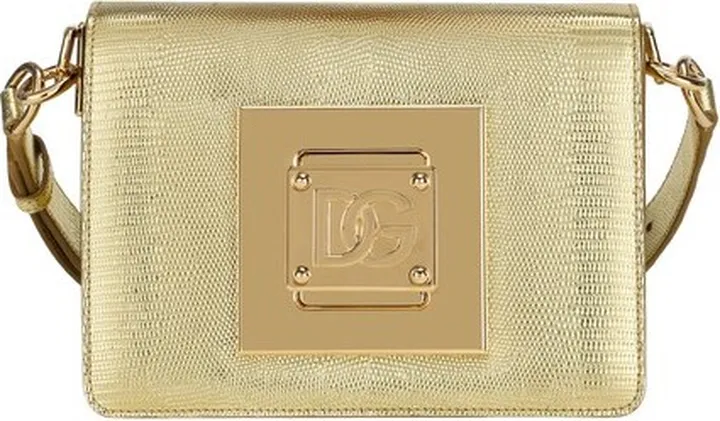 Medium shoulder bag in foiled iguana-print calfskin with fastening
